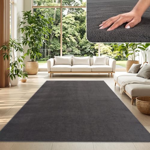 TT Home Wohnzimmer Teppich Kurzflor Anti-Rutsch Rückseite Unifarben Modern Waschbar, Farbe: Anthrazit, Größe:160x220 cm