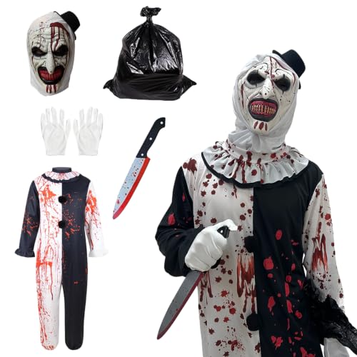 Rehecher Horror Clown Kostüm für Halloween, Grusel Clown Outfit(adult-l) | Halloween Kostüm Cosplay, Blutige Gruselmaske, Weiße Handschuhe, Requisitenmesser