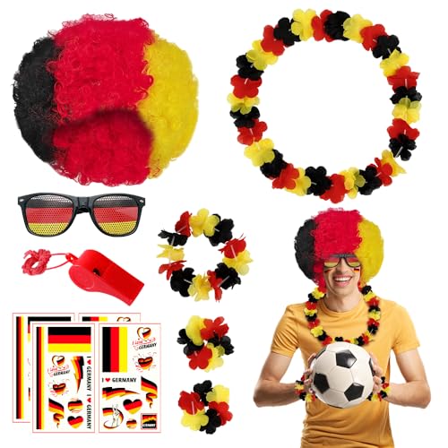 SGZIOO Deutschland Fanartikel Fußball EM 2024, 7-Teilig Fanpaket EM Fußball, EM Deko Deutschland 2025, Fanartikel Deutschland Set mit Perücke, Sonnenbrille, Pfeife, Girlanden