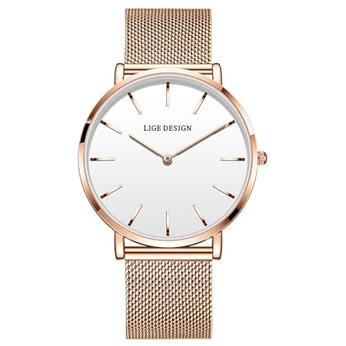 LIGE Uhr Damen, Analog Quarz Armbanduhr Damen, Edelstahl Wasserdicht, Damenuhren Fur klassischen Modischen Schlicht Stil, Rosa