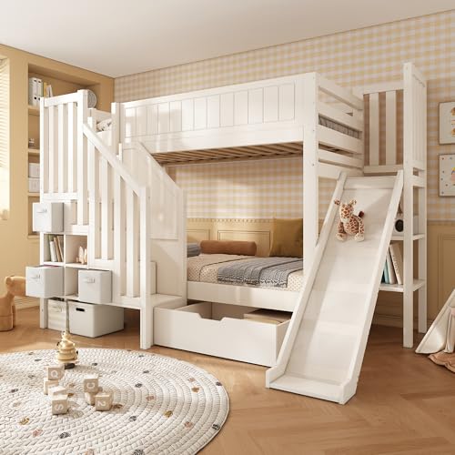 Httcg Etagenbett Kinderbett 90x200 cm mit Treppe und Rutsche, Hochbett Stockbett mit Schubladen und Offenes Regal, Holzbett Bettgestell mit Lattenrost und Rausfallschutz, Weiß, Ohne Matratze