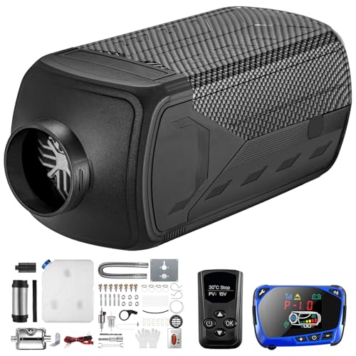 Redriver Standheizung Diesel, 12V/24V Lufterhitzer, Schwarz 5KW Air Diesel Heizung mit Schalldämpfer, 0.1-0.25L/h, LCD Schalter u. Fernbedienung für Auto RV Boote LKW KFZ PKW Wohnmobil