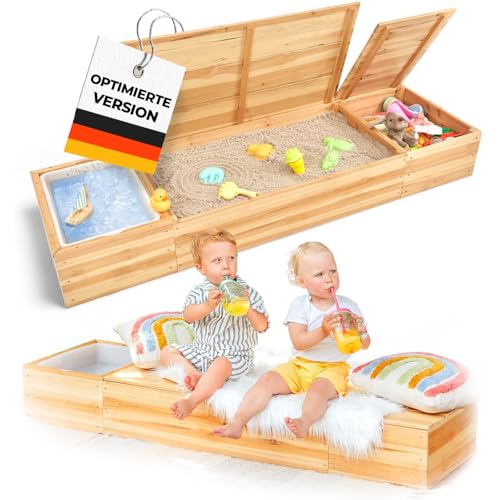 SCHRIMA® Sandkasten mit Abdeckung 150x45cm – 4 in 1 Sandbox mit Deckel aus lasiertem Massivholz für Balkon, Terrasse & Garten – Matschküche, Sandfach, Staufach, Sitzbank & Vlies, ab 1 Jahr