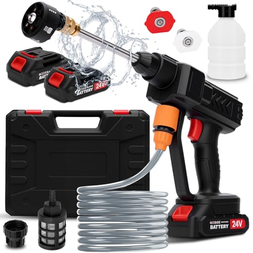 Akku Hochdruckreiniger, Mobiler Hochdruckreiniger, Kabellose Pressure Washer mit 2 Akkus, 6-in-1 Multifunktionale Düse, Schaumsprüher, 5 m Schlauch, für Auto und Garten