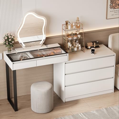 BROTTAR Schminktisch mit Verstellbaren LED-Beleuchtung, Dressing Table mit Spiegel, Vanity Desk mit 5 Schubladen, Ecke Vanity, L-Form ändern, Eckschminktisch mit Glasplatte, Weiß