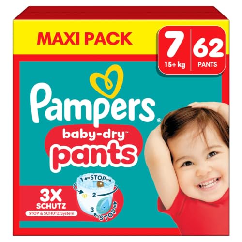 Pampers Baby Dry Pants Größe 7, 62 Windeln, 15 kg +, 360 ° Halt, um Gähnen und Auslaufen zu vermeiden