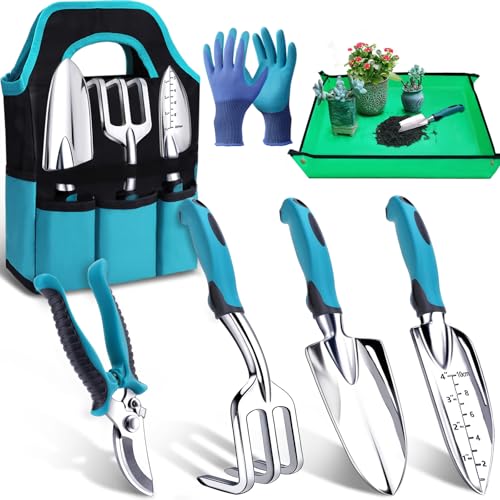 Kynup Gartenwerkzeug-Set, 7 Stück Garten Hand Werkzeuge, Rost-Sicht Gartenarbeit Set mit dauerhafter Aufbewahrungstasche, Ergonomischer Anti-Rutsch-Griff, ideale Gartengeschenke für Frauen und Männer
