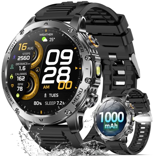 Karchilor Military Smartwatch Men with 1000 mAh Battery, 1.7 Inch HD Smartwatch/LED Torch/IP68 Waterproof/Heart Rate/SpO2/Sleep Monitor/100+ Sport Modes Fitness Watch for iOS Android