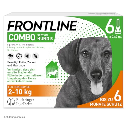 FRONTLINE Combo Hund S gegen Zecken, Flöhe & Haarlinge (kleine Hunde 2 bis 10 kg) - 6X Pipetten für bis zu 6 Monate Schutz - auch gegen Floheier, Larven & Puppen im Haushalt - wasserfest
