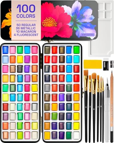 Artistro Aquarellfarben-Set mit 100 Farben, leuchtende Farben in tragbarer Box. Perfektes Reiseaquarell-Set für Künstler, Hobby-Maler und zum Malen