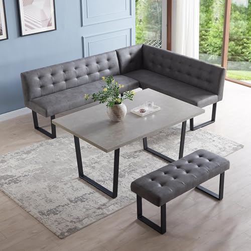 JIEXI Eckbank-Set mit Esstisch, Grau, Gepolsterte Tufting-Bänke, L-Form, 180 x 140 cm, Sitzhöhe 48 cm (180cm Eckstuhl mit Linkskurve + Bank, ohne Tisch)