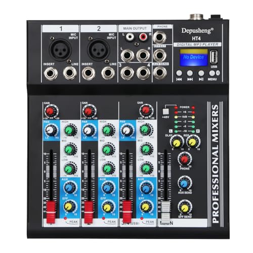 Depusheng HT4 Bluetooth-kompatible professionelle tragbare digitale DJ-Konsole mit USB-4-Kanal-Mixer Audio-Interface-Mischpulte für Studioaufnahmen, schwarz