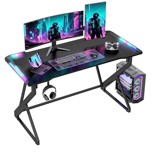 BEXEVUE Gaming Tisch mit LED, 120 cm Gaming Schreibtisch für kleine Räume zu Hause, Gaming Tisch mit Carbon-Oberfläche, Stabiler PC Tisch mit Kopfhörerhaken, Schwarz