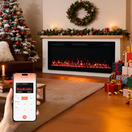HOMAVO 50 Zoll Elektrokamin, 1000W/2000W Elektrokamin mit Heizung, 12 3D-Flammenfarben, 12 Holzfeuerfarben, Fernbedienung & App-Steuerung, inklusive Schrank