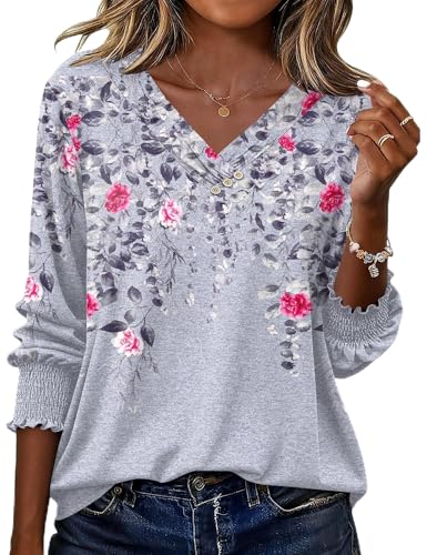 Rapbin Damen Mode Elegant Bluse 3/4 Arm V-Ausschnitt langerm Tunika Sommer Top Tunika Lässig Locker Oberteil mit Knopfleiste 2026 Graues Blumenmuster XL