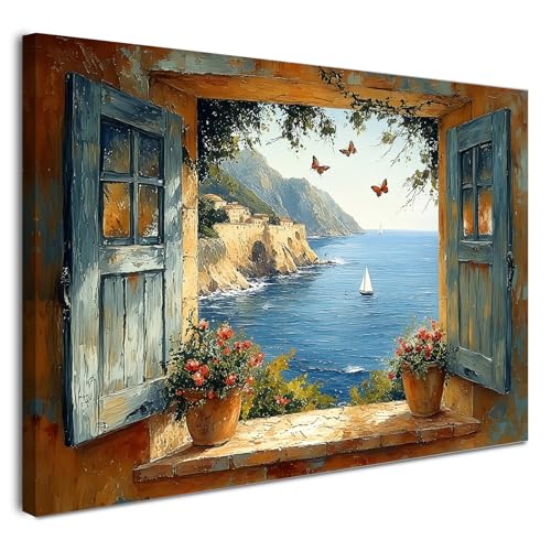 Alptiny Gerahmtes Wandbild 30×40 cm Mediterraner Fensterblick Leinwand für Wohnzimmer Schlafzimmer Küche Flur Küsten Deko mit Haken Nägeln und magischer Klettbefestigung