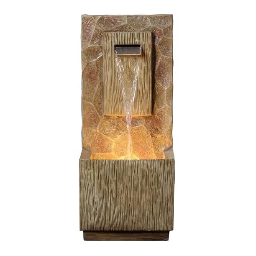 Teamson Home Outdoor Wasserfallbrunnen 81 cm im Spa-Stil mit integrierter LED Beleuchtung, modernem Braun-Finish und sanftem Wasserfluss