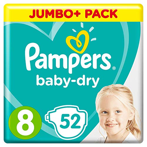 Pampers Baby-Dry Größe 8, 52 Windeln, 17+kg, Jumbo+ Pack, Luftkanäle für atmungsaktive Trockenheit über Nacht