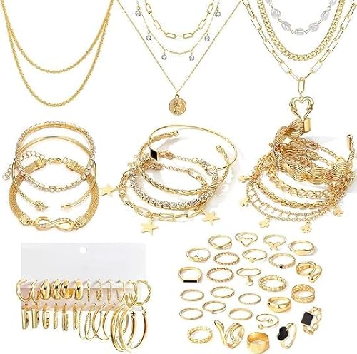 CHarmeFleur 38-59 Stück (8-9 Set) Goldplattiertes Schmuckset für Frauen mit 8 Halsketten, 12 Armbändern, 27 Ringen, 12 Paar Ohrgehänge, einfache und funkelnde Happy-Gold-Schmuckstücke für Frauen