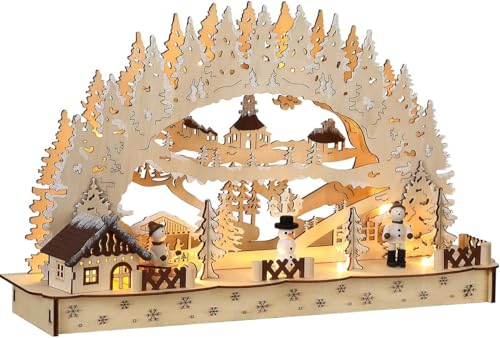 Monzana® Schwibbogen XL LED Beleuchtet Holz Timer Batterie Winterdorf Weihnachten Deko Beleuchtung Lichterbogen Weihnachtsdeko Schwippbogen