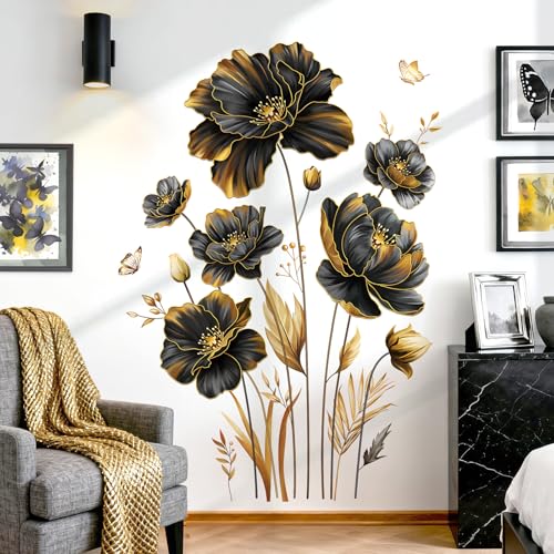 decalmile Wandsticker Blumen Schwarz Goldene Groß Wandtattoo Blüten Blätter Gold Pflanzen Wandaufkleber Wohnzimmer Schlafzimmer Sofa TV Hintergrund Wanddeko