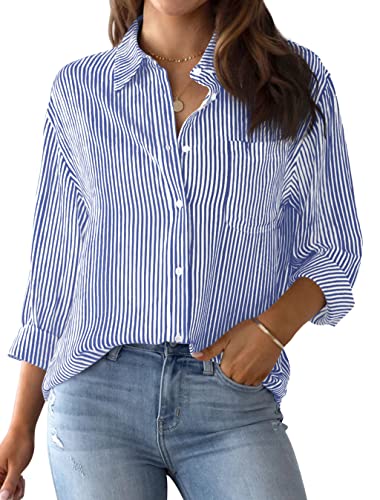 NONSAR Bluse Damen Elegant Langarm Streifenbluse Hemden mit Knöpfen Casual Büro Arbeit Blusen Baumwolle Tunika Hemd Oberteile Tops(9359L,Blau)