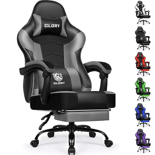 minnouat Gaming Stuhl Ergonomischer mit Fußstütze, Gaming Chair Bürostuhl 150 kg Belastbarkeit, Gamer Stuhl aus Kunstleder, Höhenverstellbarer PC Zockerstuhl für Jugendliche Erwachsene, Grau