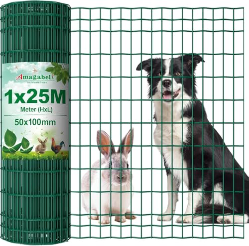 Amagabeli 1M X 25M Gartenzaun Zaun PVC-beschichteter 100 x 50mm 2.1 mm Drahtzaun Maschendraht Wildzaun/Hundezaun Rostfrei Zaunelemente Grünen Maschenweite Drahtgitter Kaninchendraht Forstzaun
