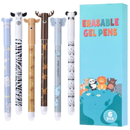 Thboxes 6 Stück Radierbarer Kugelschreiber, 0,5mm Gelstifte Radierbar Tintenroller Radierstift Radierbare Stifte Tiere Erasable Pen für Schulsachen Bürobedarf (Schwarzer, Blauer)
