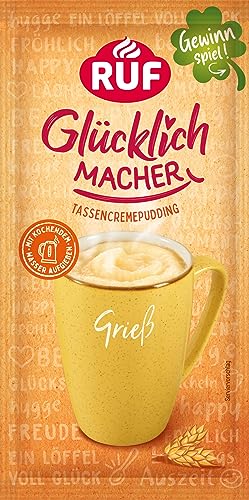 RUF Glücklichmacher Tassenpudding Grieß, Cremepudding für schnelle Desserts, Tassencremepudding, nur Wasser hinzufügen, 1 x 59g Beutel