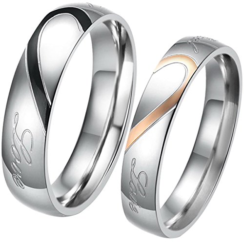 JewelryWe Schmuck 1 Paar Edelstahl Love Herz Partnerringe Freundschaftsringe Eheringe Trauringe Verlobung Ringe Band, Schwarz Gold Silber, mit Geschenk Tüte