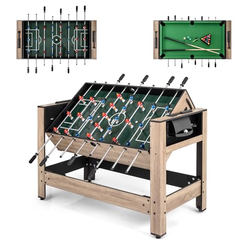 COSTWAY 2 in 1 drehbarer Multi Spieltisch, Multifunktionstisch mit Tischkicker & Billardtisch, Tischfußball Komplett Set inkl. 2 Bälle, Queuen & Zubehören, Kickertisch für Kinder, Erwachsene