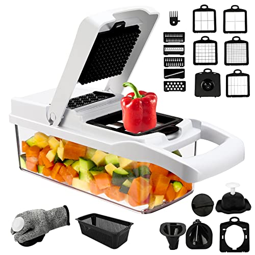 23 in 1 Gemüseschneider, Gemüse Schneider mit 12 Klingen Edelstahl und Handschuhe, Würfelschneider Zwiebelschneider, Vegetable Chopper Dicer für Gemüse und Obst, Karotte, Kartoffel, Knoblauch