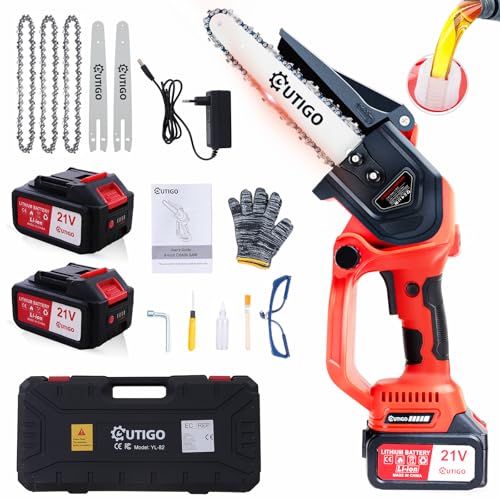 OUTIGO Mini Akku Kettensäge, 8 zoll Elektro-Kettensäge, 2 * 3000mAh Akkus, 4 Ketten +3 Ersatzklingen, MINI Akku-Elektro Astsäge, 800 W Bürstenloser Motor