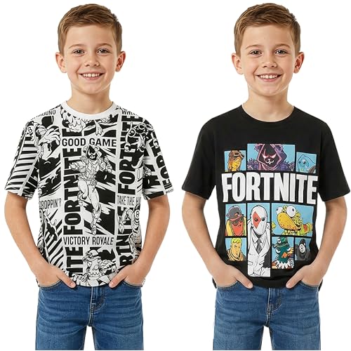 Fortnite T-Shirt Jungen 7–16 Jahre, 2er Pack, Weich Kurzarm Baumwolle Shirt, Lässig Sommer Kinder Top, Gaming Geschenke für Kinder (11-12 Jahre, Schwarz/Multi Fortnite 2 Pck)