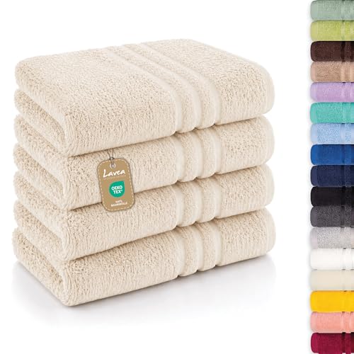 Lavea® 4er Set Handtücher 50x100 cm, Elena Frottiererie, 100% Baumwolle, Saugstark & Weich, Handtücher Set, Waschbar, Trocknergeeignet, Gäste Handtücher, Frottierhandtuch - Creme