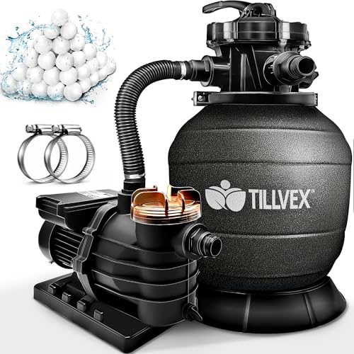 tillvex Sandfilteranlage Pool 10 m³/h inkl. 800g Filterbälle | Filteranlage 7-Wege Ventil & 2in1 Adapter Ø32mm - 38mm | Poolfilter mit Druckanzeige | Sandfilter für Schwimmbecken (Schwarz)