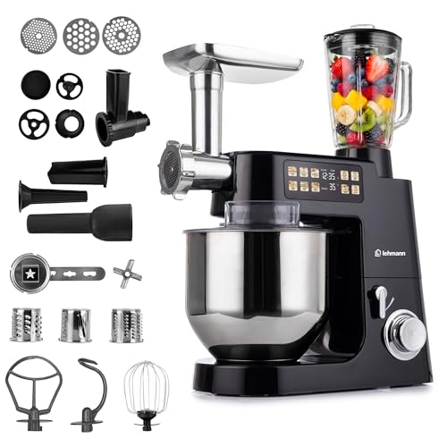 LEHMANN Teyles Multifunktions-Küchenmaschine 8L 2100W mit Waage & Heizschüssel, Planetarische Knetmaschine für Brot- & Pizzateig, 1,5-Liter-Mixer, Fleischwolf, Touchdisplay, Schwarz
