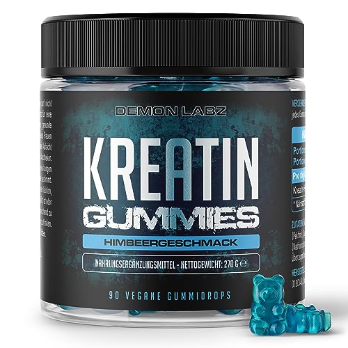 Demon Labz Kreatin Gummibärchen - Hochdosiert mit 3000mg Creatine HCL mit hoher Absorption - Laborgeprüft & Vegan - 90 Gummies mit Himbeergeschmack (Creatine Gummies - Blue Raspberry)