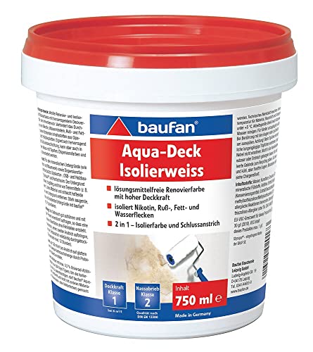 Baufan Renovierfarbe Aqua-Deck weiß 750 ml | lösungsmittelfrei | hohe Deckkraft | für innen | Glanzgrad stumpfmatt | 2 in 1 Isolierfarbe und Schlussanstrich | isoliert Nikotin Russ und Wasserflecken