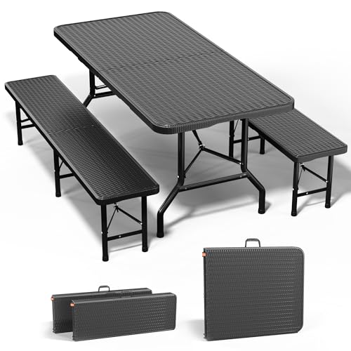 JUMMICO Bierzeltgarnitur Klappbar 3er Set Tisch & 2X Bank,Rattanoptik Biertischgarnitur 180x74x74cm Festzeltgarnitur Biergarten Biergarnitur für Garten, Party und Camping