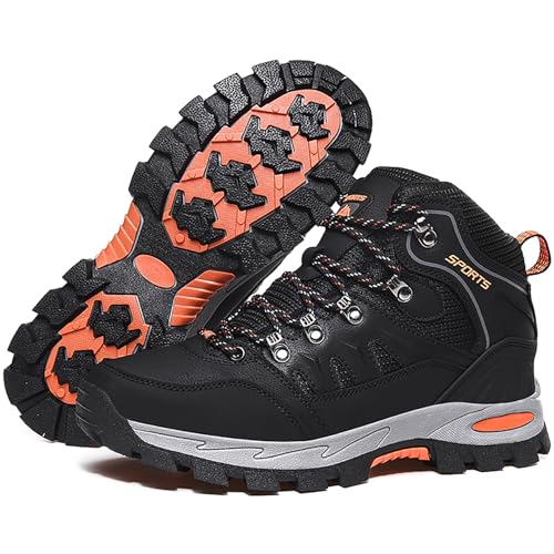 Littleplum Herren Wanderschuhe Winterschuhe Waterproof Wanderstiefel Outdoor Rutschfest High Top Trekkingschuhe,A Schwarz Orange,42 EU