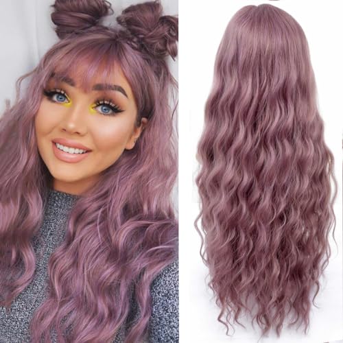 YEESHEDO Damen Perücke Lang Lockige Lila Perücken für Frauen mit Pony, Natürlich Lange Locken Purple Wig, Anime Cosplay Halloween Wigs 28 Zoll (Lila)