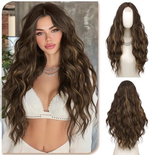 Sofeiyan Gewellte Wellig perücke,70 cm Lange Dunkelbraun mit golden Strähnchen Mittelscheitel Damen Perücken,Hitzebeständige Synthetische Haar Lockige,Natürliche Frauen Wig für Alltag,Cosplay,Karneval