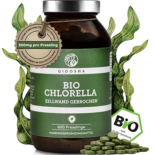 QIDOSHA® Bio Chlorella Presslinge, 600 Stk/Glas, 500mg je Pressling, 100% natürliches Bio-Chlorella vulgaris Pulver aus kontrolliert biologischem Anbau, mit bereits aufgebrochener Zellwand
