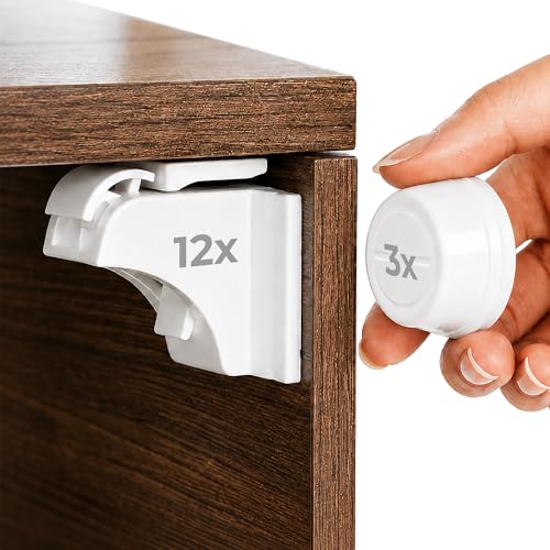 Hoffenbach Magnetische Kindersicherung 12 Schlösser + 3 Schlüssel – Schranksicherung & Schubladensicherung ohne Bohren – Unsichtbarer Magnetverschluss – Weiß