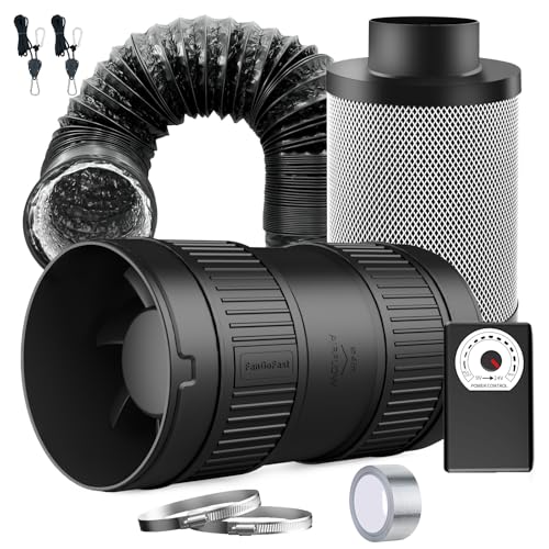 FanGoFast Lüftungsset 100mm Rohrventilator 221m³/h mit Drehzahlregler, Aktivkohlefilter, Abluftschlauch, Aluminiumfolienband und Klemmen – Belüftungssystem für Growzelt, Growbox & Gewächshaus‌