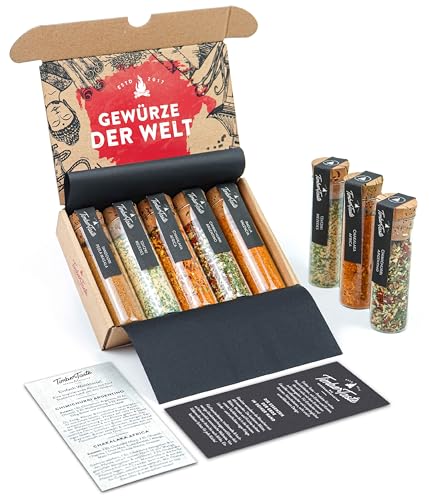 TIMBER TASTE® Weltgewürze Geschenkset - 5 Gewürzmischungen Chimichurri Chakalaka Paella Tandoori Tzatziki | Präsentkorb Männergeschenke Feinkost | Gewürze Set für Köche Genießer - Geschenke für Männer