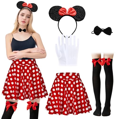 HUIKUANGEU Damen Maus Mouse Kostüm,Mouse Kostüm Damen,Rote Tutu mit Weiß Gepunktet,Maus Ohren mit Roter Schleife,Mini Maus Karneval Kostüm Damen Fasching,für Karneval,Fasching,Mottoparty (S)