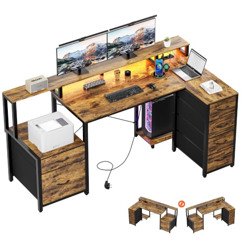YOUDENOVA Schreibtisch L Form mit Schubladen, 150x80cm Eckschreibtisch mit LED & Steckdose & USB, Reversibel Gaming Tisch mit Monitorständer, Stauraum, Computertisch für Home Office, Vintage-braun